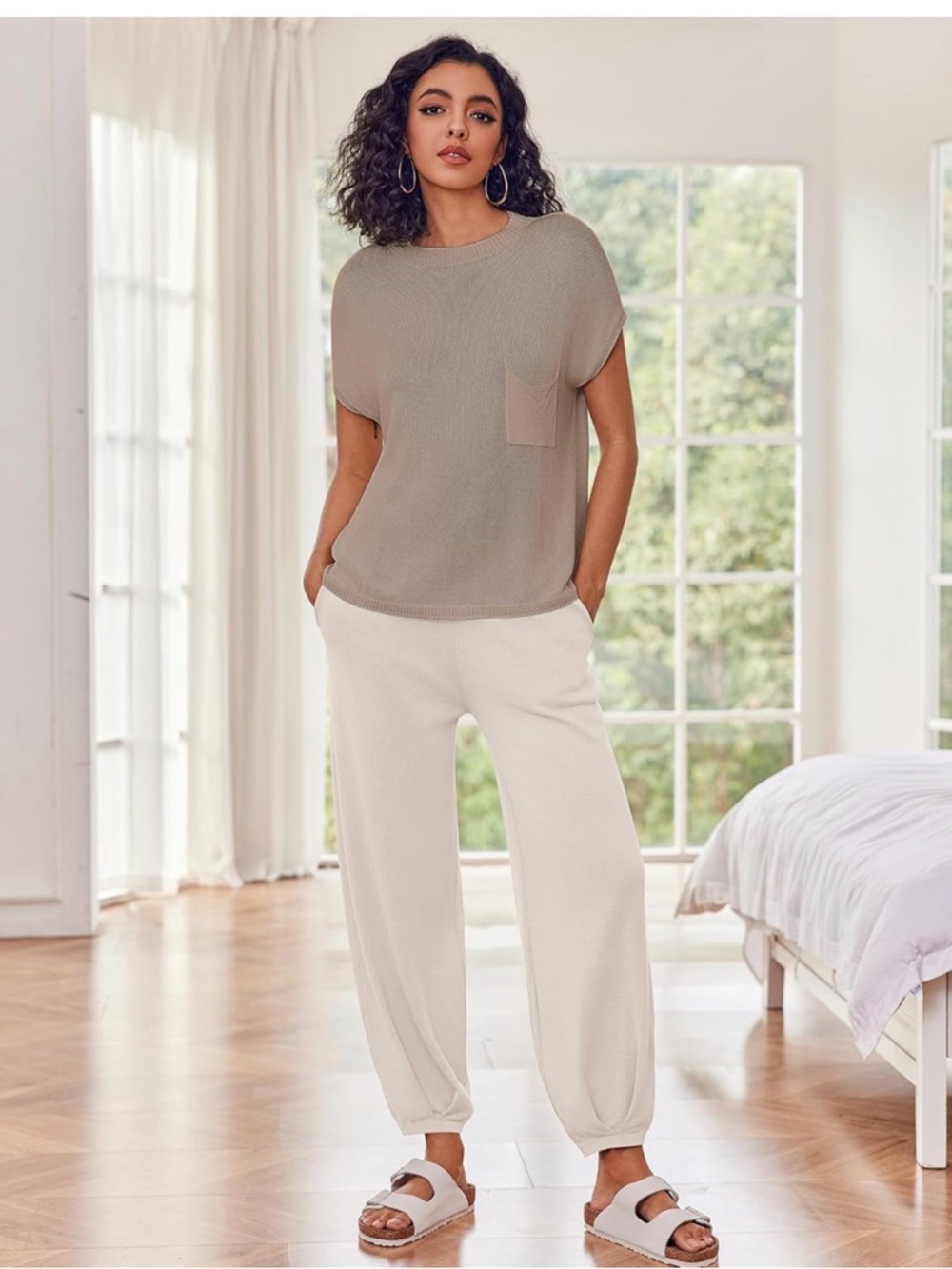 Casual Elastic Cuff High-Rise Lounge Pants - Beige - Picture 2 of 4